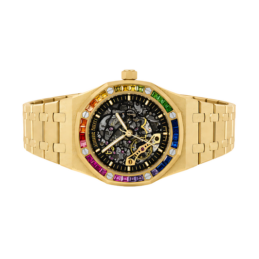 Audemars Piguet Watch | Rainbow Bezel Frosted Gold Skeleton Dial Gold