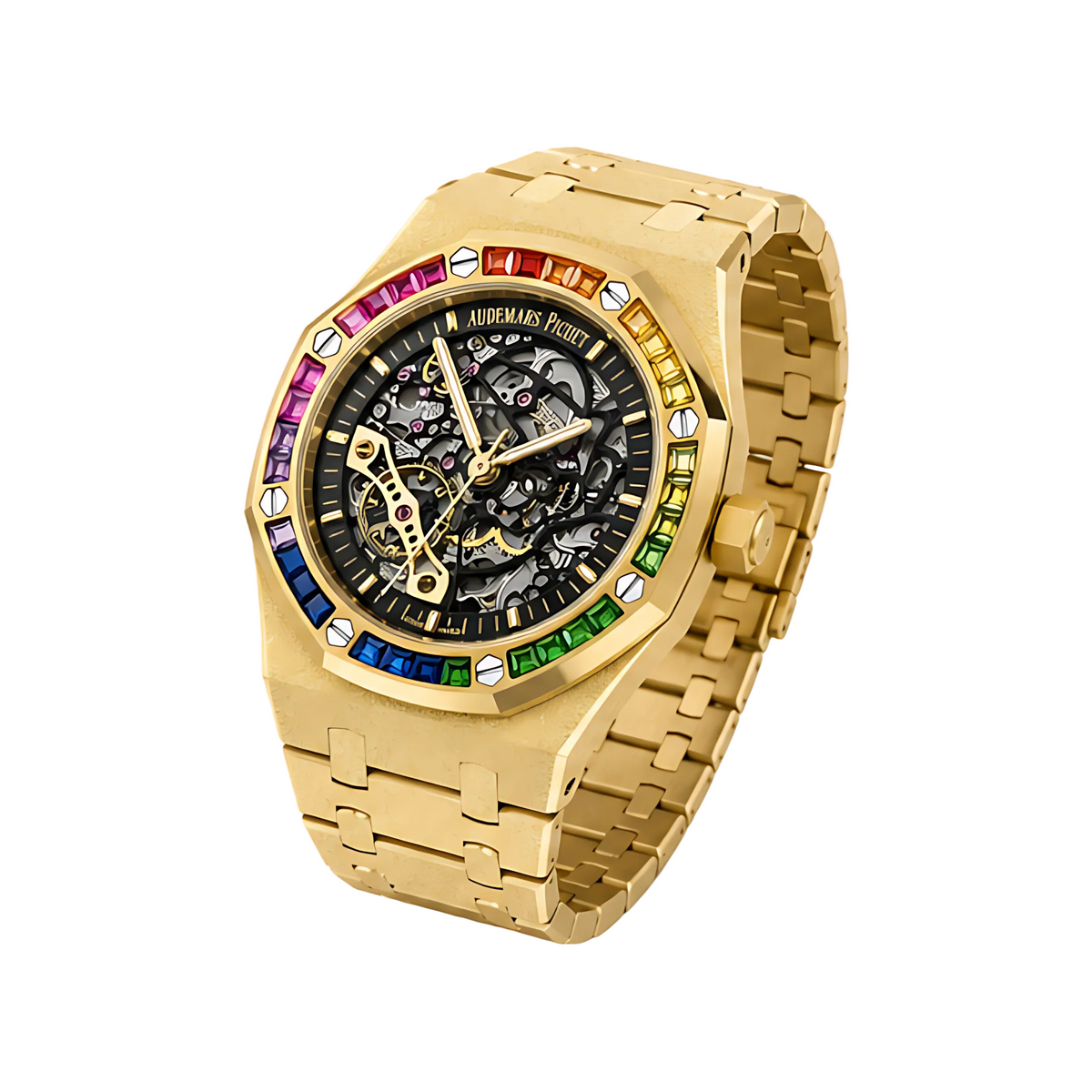 Audemars Piguet Watch | Rainbow Bezel Frosted Gold Skeleton Dial Gold