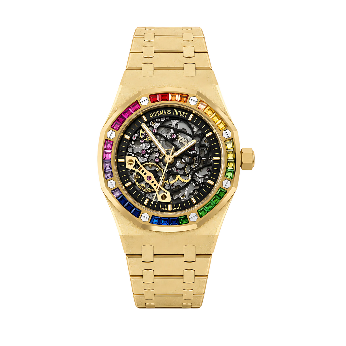 Audemars Piguet Watch | Rainbow Bezel Frosted Gold Skeleton Dial Gold
