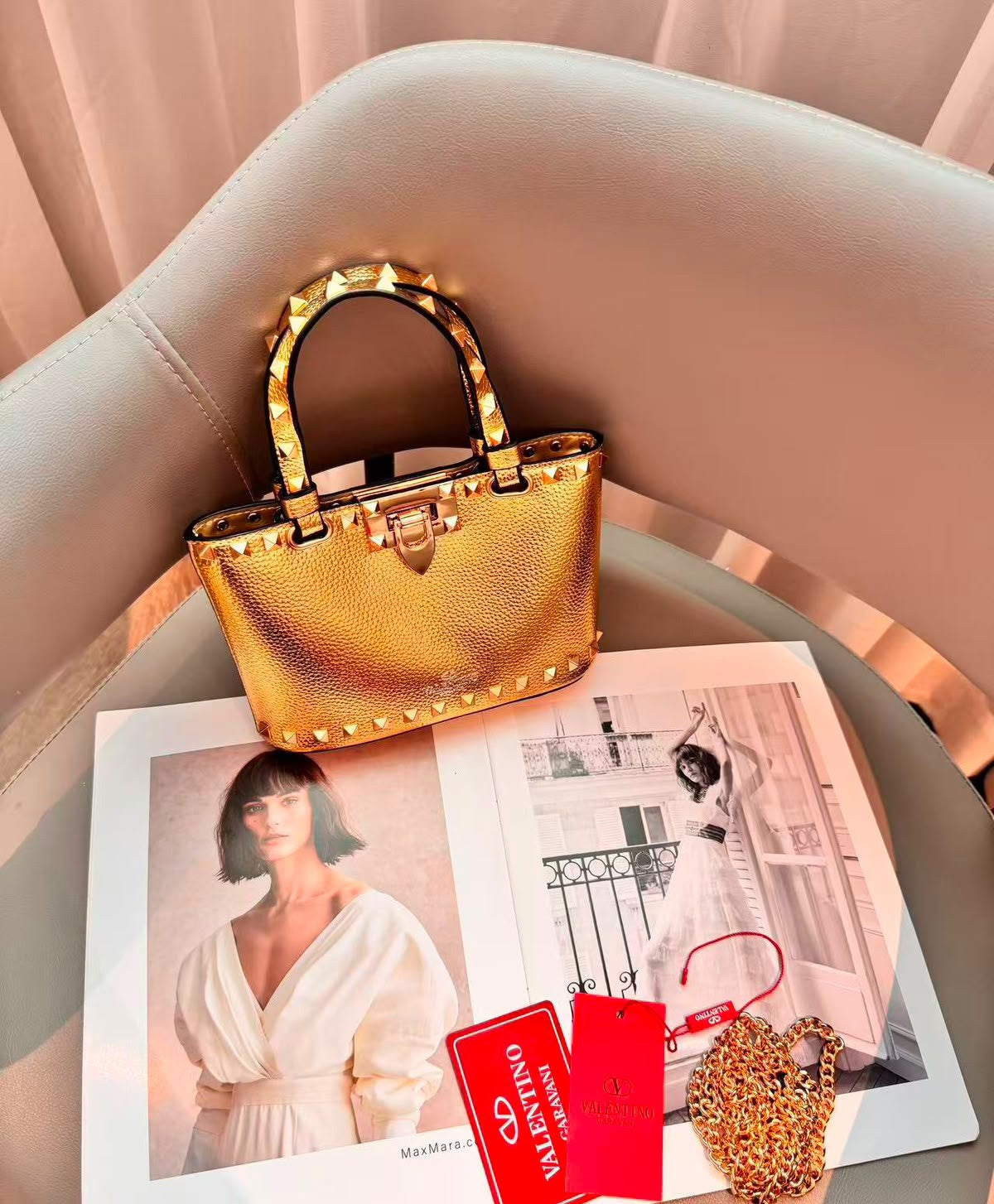 Valentino Bag Garavani Rockstud Mini Grainy Calfskin Gold