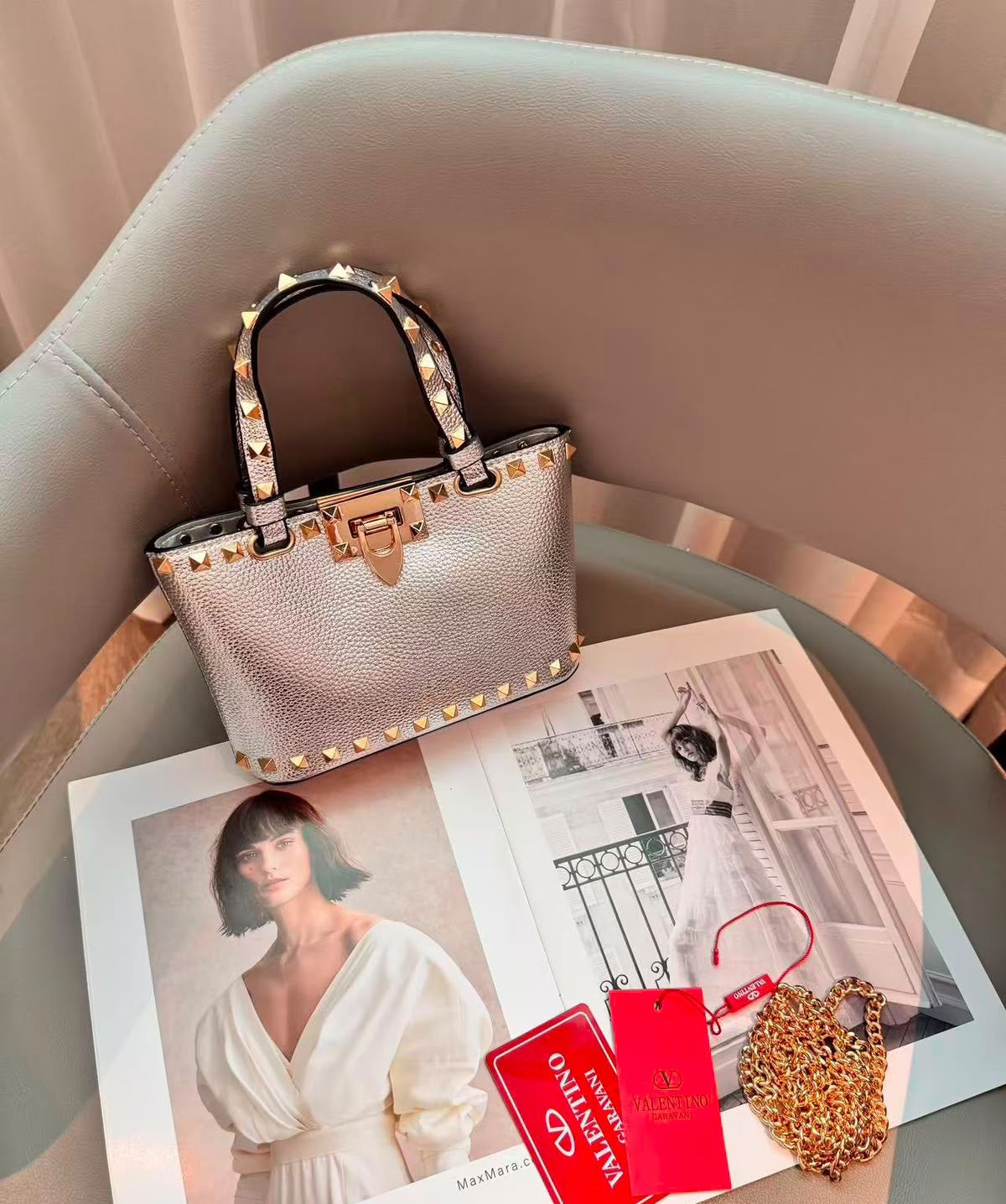 Valentino Bag Garavani Rockstud Mini Grainy Calfskin Grey