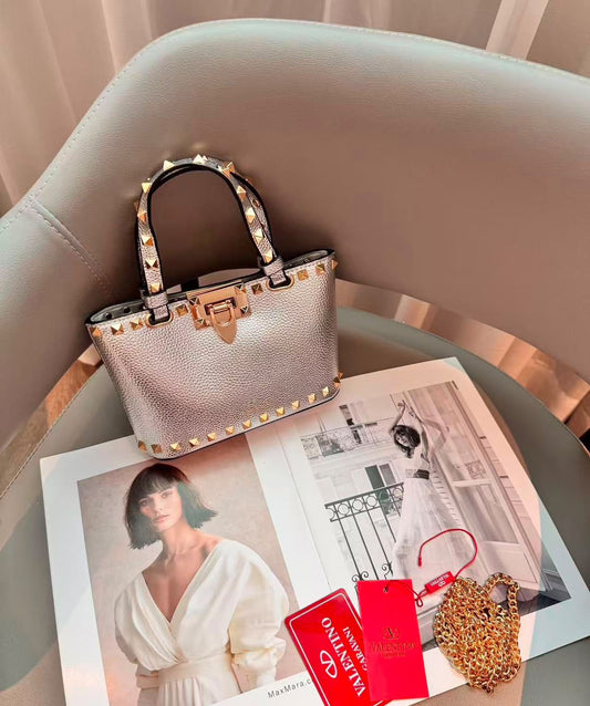 Valentino Bag Garavani Rockstud Mini Grainy Calfskin Grey