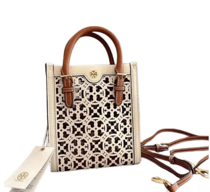 Tory Burch Bag _ T Monogram Laser-Cut Mini Tote Bag White